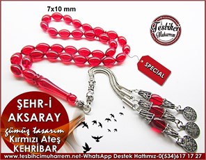 Özgün Gümüş Tasarım Kırmızı Ateş Kehribar Tesbih Şehr-i Aksaray