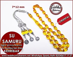 Özgün Tasarım Gümüş Püsküllü Sarı Ateş Kehribar Tesbih 7*12 mm Su Samuru
