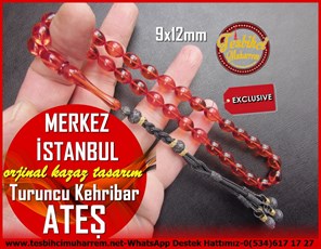 Tesbih Ateş Kehribar Turuncu Beyzi Orjinal Gümüş Kazaz Püskül Merkez İstanbul